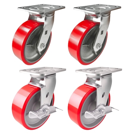 Hyw Products Heavy Duty Caster Set 6in Red Polyurethane on Cast Iron Wheels, 2 Swivel & 2 Swivel with Brake, 4PK 40-60S-A1-PC-2,40-60S-A1-PC-TB-2 (R)