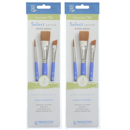 Princeton Select Artiste Brush Set No. 14, Synthetic Bristles, Short Handle Mixed Media, 3-Piece Set, 2PK P3750SET114