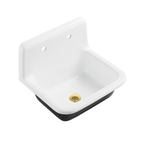 Kingston Brass 22" Cast Iron Single Bowl Wall Mount Utility Sink with Drain, White/Brushed Brass KGCLWS221877