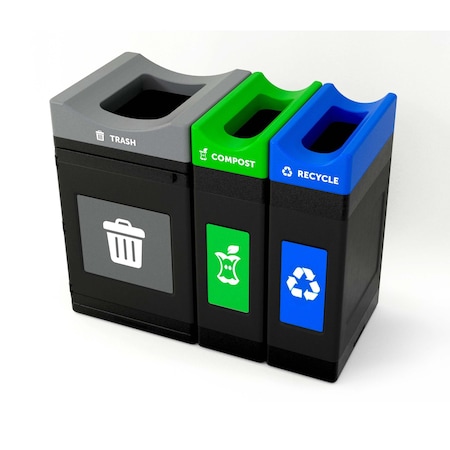 Commercial Zone Products Avante Series Triple Stream 55 gallon Black Trash/Recycling/Composting 30 gallon Containers w/ Open Top 787303MSA