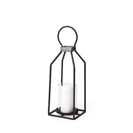 Homeroots 16" Black Distressed Geometric Metal And Glass Tabletop Votive Candle Holder 608519