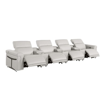 Homeroots 166" Light Gray Top Grain Leather Reclining Metal USB Sofa 720377