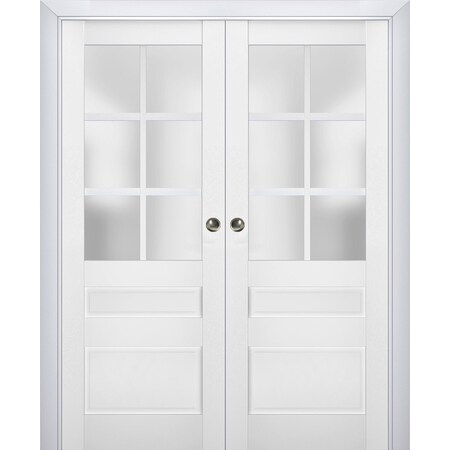 Sartodoors Sliding French Double Pocket Doors with Frosted Glass White 64x96 (2* 32x96) Solid Core VEREGIO7339DP-WS-6496
