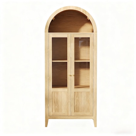 Homeroots 71in Natural Arched Accent Cabinet With Two Glass Panel Doors 712237