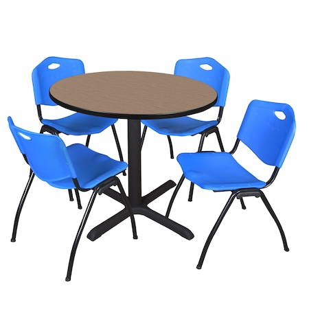 Regency Round Cain Breakroom Table W/ 4 M Stack Chairs, 36 in W, 36 in L, Noble Oak TB36RNDNO47BE