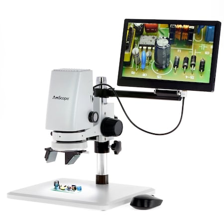 Amscope DM750 Zoom Tabletop Video Inspection Digital Microscope System 0.7X-5X on Pillar Stand w/11.6 Moni DM750-2MP-HDM11-3DR