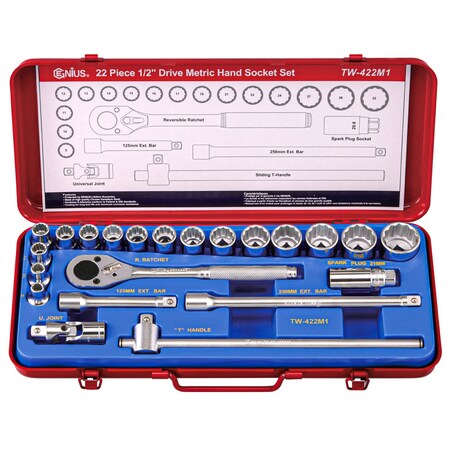 Genius Tools 22PC 1/2in Dr. Metric Hand socket set TW-422M1