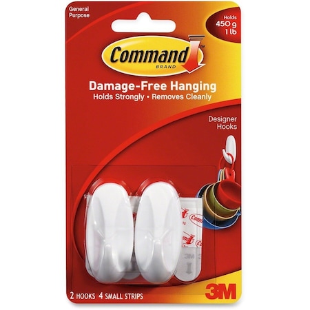 Command Designer Hook, 14 in Opening, 1 lb, 2Hook, Plastic, White 17082