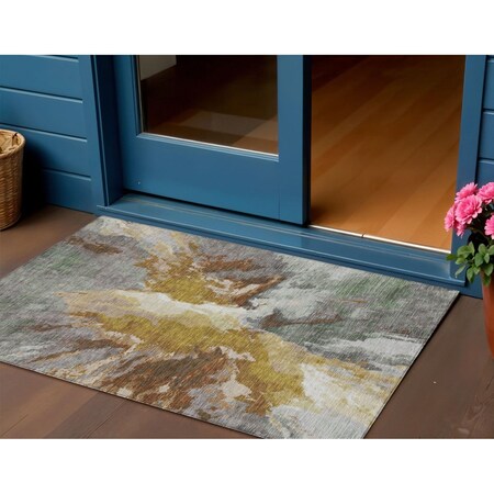 Homeroots 3' X 5' Gold And Gray Abstract Washable Indoor Outdoor Area Rug 615608