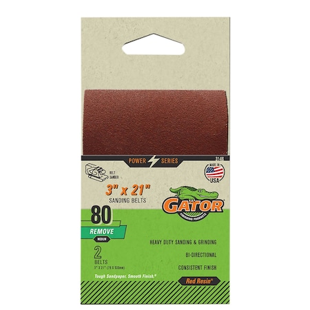 Gator Finishing Red Resin 3 x 21 in. Sanding Belt, 80 Grit, Medium, 2PK 3146