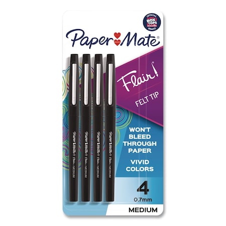 Paper Mate Flair Felt Tip Porous Point Pen, Stick, Medium 0.7 mm, Black Ink, Black Barrel, 4PK 84344