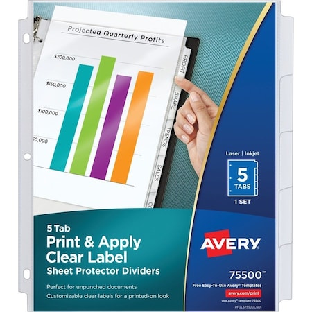 Avery Dennison Avery Index Maker 5-Tab Clear Pocket View Divider, Print-on, 8.5"x11", 5 Tabs, White/Clear 75500
