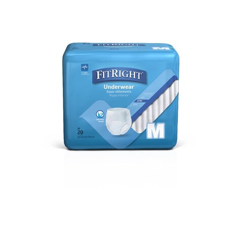 Medline FitRight Ultra Protective Underwear, Size M, for Waist Size 28in-40in, 80PK FIT23005A