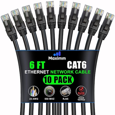 Maximm Cat6 Ethernet Cable 6ft 10Gbps 550MHz UTP, 10PK, Black, 10PK CAT6CCA-6BK-10PK