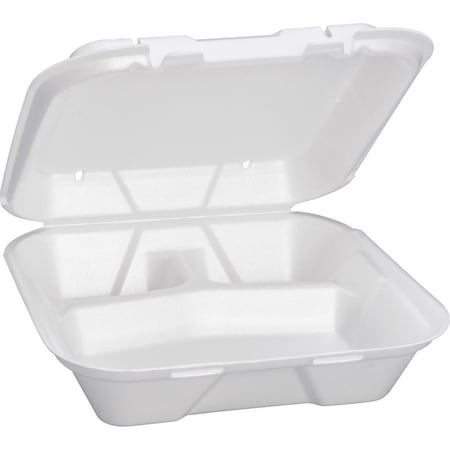 Genpak 9.25"x9.25"x3" White Lg 3 Compart Foam Hinged Dinner Container, PK200 SN203