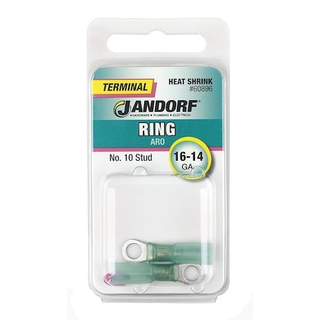 Jandorf Heat-Shrink Ring Terminal, 16 to 14 AWG Wire, #10 Stud, Blue 60896