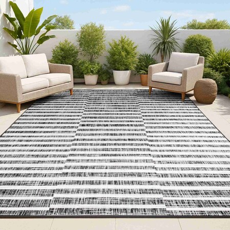 Jonathan Y Sukie Modern Offset Stripe Black/Ivory 5 ft. x 8 ft. Indoor/Outdoor Area Rug SMB133F-5