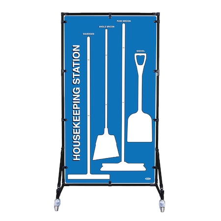 5S Supplies Housekeeping Shadow Board Broom Station V6, Blue / White Shadows, Kit + Stand HSB-V6-BLUE/WHITE-KIT-STAND