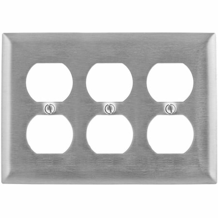 Hubbell Wiring Device-Kellems Duplex Receptacle Wall Plates and Box Cover, Number of Gangs: 3 Stainless Steel, Brushed Finish SS83