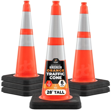 Xpose Safety 28 In Orange Slim Line Traffic Cone, 10 lb Base with 6in & 4in  Collar, DOT Approved, 6-PK OTC28SL-64-10L-6-X-S
