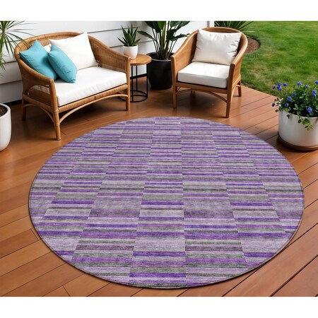 Homeroots 8' Purple And Lavender Round Striped Washable Indoor Outdoor Area Rug 587928