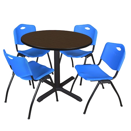 Regency Round Cain Breakroom Table W/ 4 M Stack Chairs, 42 in W, 42 in L, Neo Walnut TB42RNDNW47BE