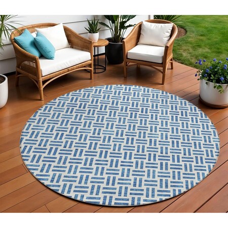 Homeroots 8' Denim Blue And Ivory Round Geometric Washable Indoor Outdoor Area Rug 614739