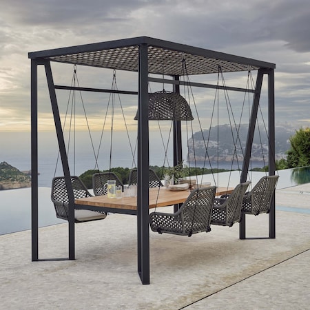 Skyline Design Horizon Pergola with Lamp, Hanging Chairs & Teak Table 23559-DGST-CUSH
