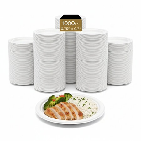 Eco Harmony Products Bagasse Plates, PFAS-Free, Compostable, White, 7", 1000PK 804567