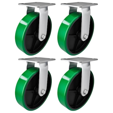 Hyw Products Heavy Duty Caster Set 8in Green Polyurethane on Cast Iron Wheels, 4 Rigid, 4PK 40-80R-A1-PC-4 (G)