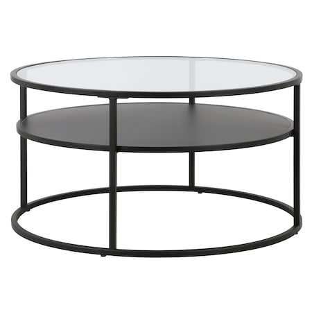 Homeroots 32" Black Glass And Steel Round Coffee Table With Shelf 520917