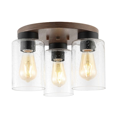 Jonathan Y Nola 13" 3-Light Bohemian Farmhouse Iron/Seeded Glass LED Semi Flush Mount, Wood Finish/Clear JYL7564A