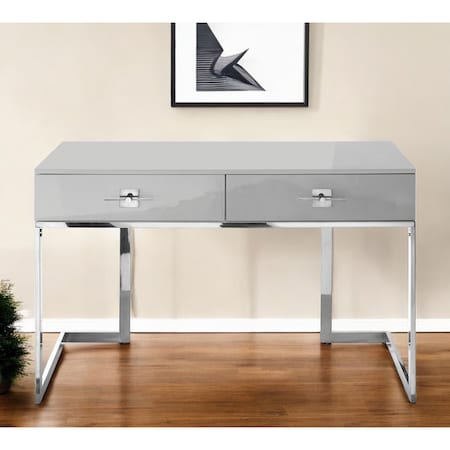 Homeroots 47" Light Gray and Silver Wood and Stainless Steel Sled Writing Desk With Two Drawers 543796