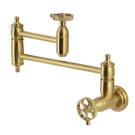 Kingston Brass Wall Mount Pot Filler Faucet with Knurled Handle, Brushed Brass KS3107RKZ