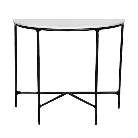 Homeroots 36" White and Black Genuine Marble and Iron Half Moon Console Table 654552