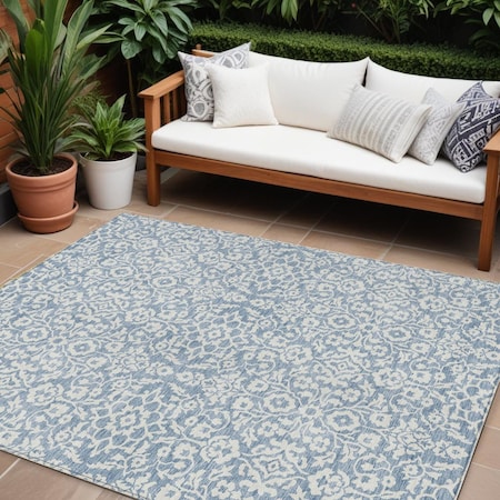 Homeroots 10' X 14' Denim Blue And Ivory Damask Washable Indoor Outdoor Area Rug 595138