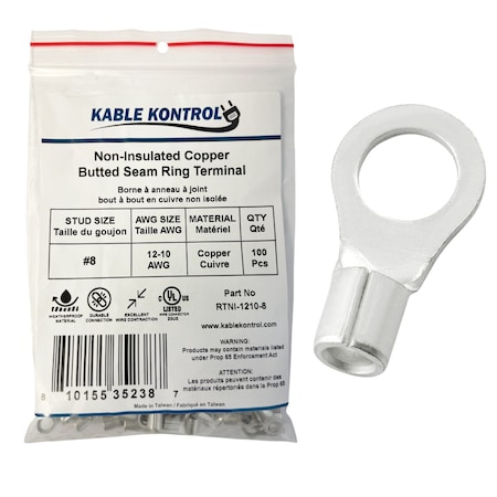 Kable Kontrol Ring Terminal, #8 Stud Size, 10 AWG, Bare, 100 PK RTNI-1210-8