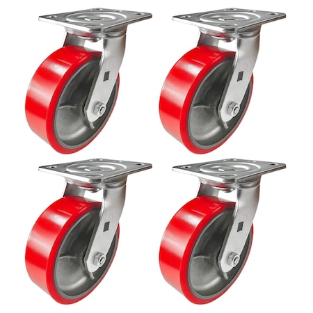 Hyw Products Heavy Duty Caster Set 6in Red Polyurethane on Cast Iron Wheels, 4 Swivel, 4PK 40-60S-A1-PC-4 (R)