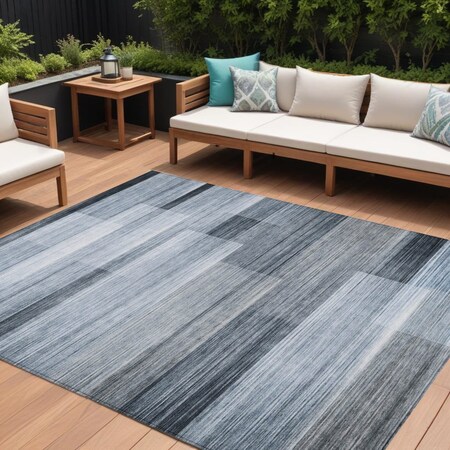 Homeroots 9' X 12' Denim Blue And Ivory Striped Washable Indoor Outdoor Area Rug 630985