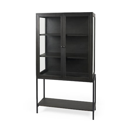 Homeroots 36in Black Solid Wood and Metal Display Cabinet With Two Doors 611034