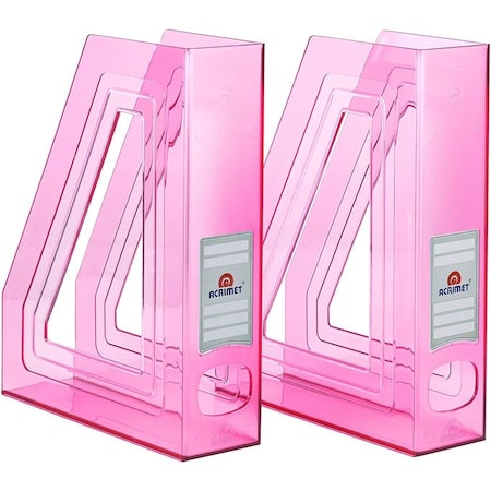Acrimet Magazine File Holder Vertical Rack, Durable Plastic Desk Organizer, Clear Pink, 2PK 277.8
