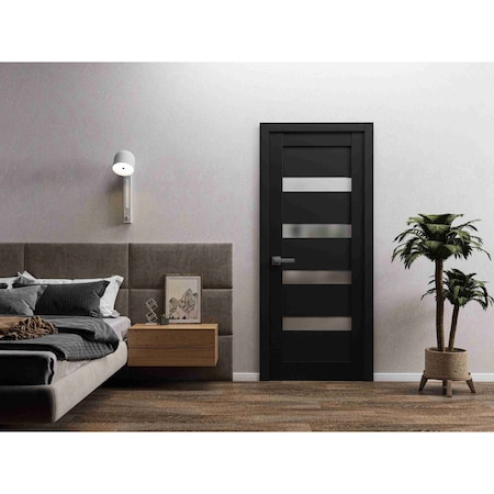 Sartodoors Solid French Door 42 x 96in, Matte Black Frosted Glass, Single Regular Panel Frame Trims Handle QUADRO4113ID-BLK-4296
