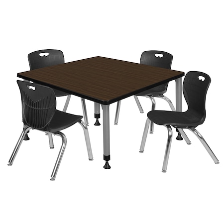 Regency Square Kee Adjustable Classroom Table W/ 4 Andy Stack Chairs, 42 in W, 30 in L, Neo Walnut TB4242NWAPGY45BK