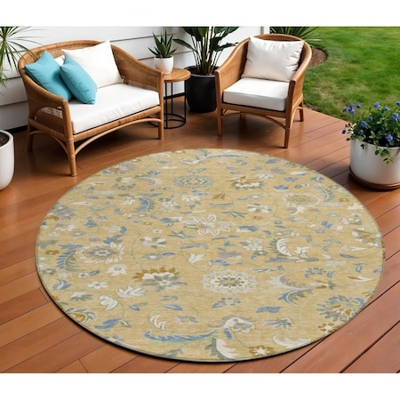 Homeroots 8' Wheat Blue And Ivory Round Floral Washable Indoor Outdoor Area Rug 597856