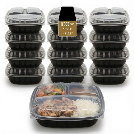 Eco Harmony Products Food Storage Container, Hinged, Vented Lid, Plastic, 3 compartments, 9" x 9", 100PK 804617