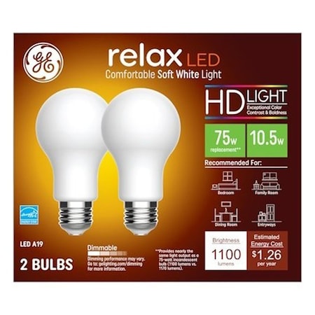 Ge LED Light Bulb, A19 Lamp, 75 W Equivalent, Medium Lamp Base, Dimmable, Soft White, PK2 93129420