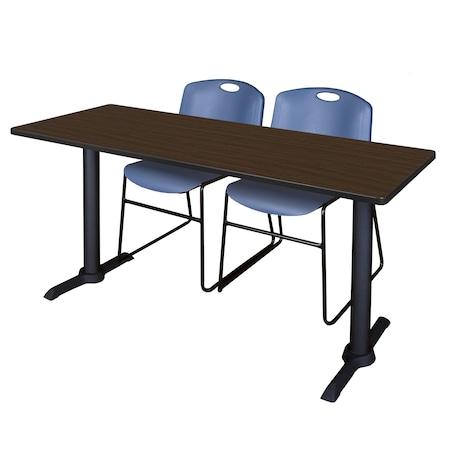 Regency Cain T-Base Training Seminar Table W/ 2 Zeng Stack Chairs, 72 in W, 24 in L, Neo Walnut MTRCT7224NW44BE