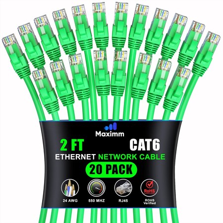 Maximm Cat6 Ethernet Cable 2ft 10Gbps 550MHz UTP, 20PK, Green, 20PK CAT6CCA-2GN-20PK