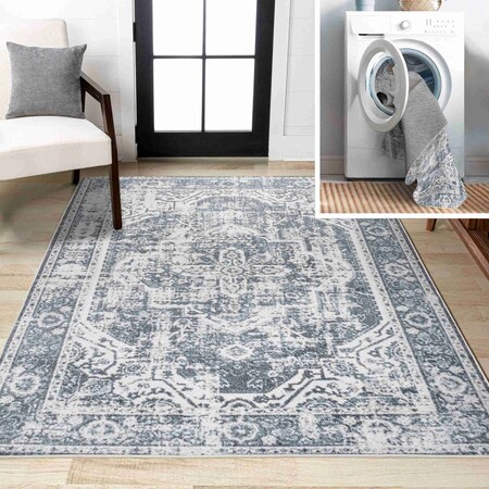 Jonathan Y Keesha Bold Distressed Medallion Low-Pile Machine-Washable Cream/Blue 3 ft. x 5 ft. Area Rug WSH316B-3
