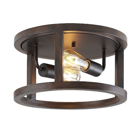 Jonathan Y Atelier 12.75" 2-Light Iron Rustic Industrial LED Flush Mount, Brown JYL7516A